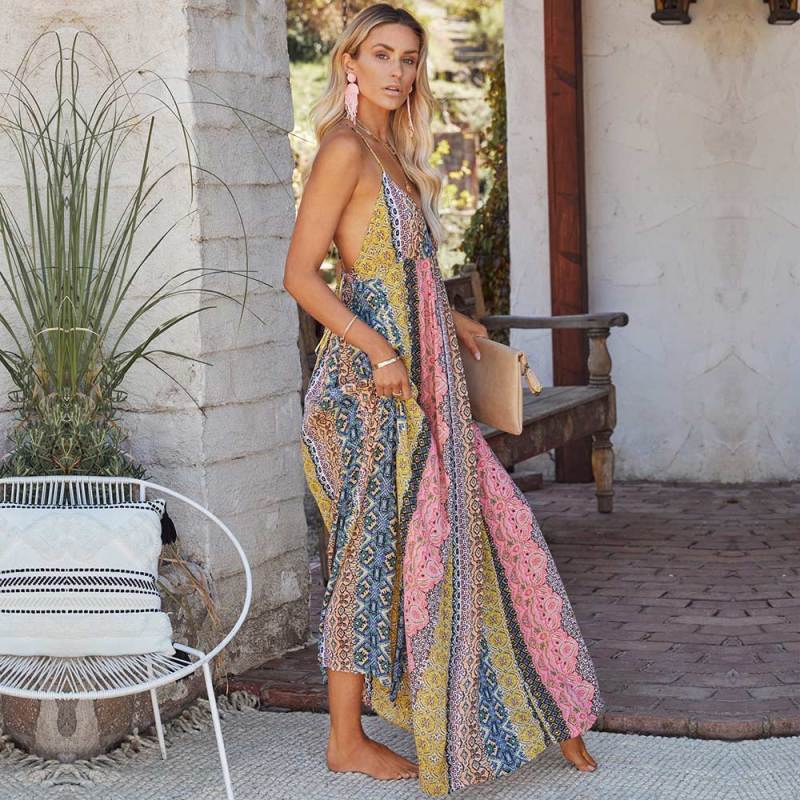 Women Bohemian Casual Vintage Sleeveless Backless V Neck Summer Beach Dress