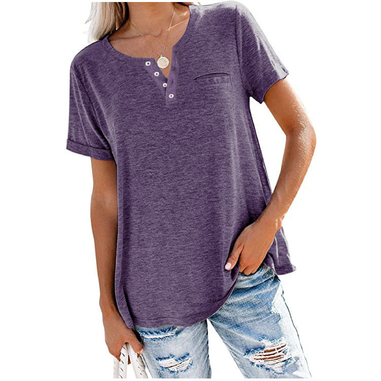 Spring And Summer Women V-Neck Solid Color Casual Women T-Shirt