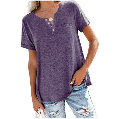Spring And Summer Women V-Neck Solid Color Casual Women T-Shirt