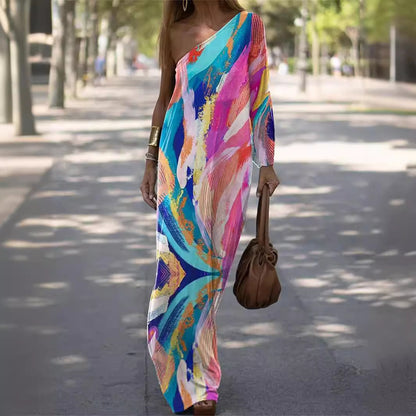 Women Casual Solid Color Loose One Sleeve Maxi Dress
