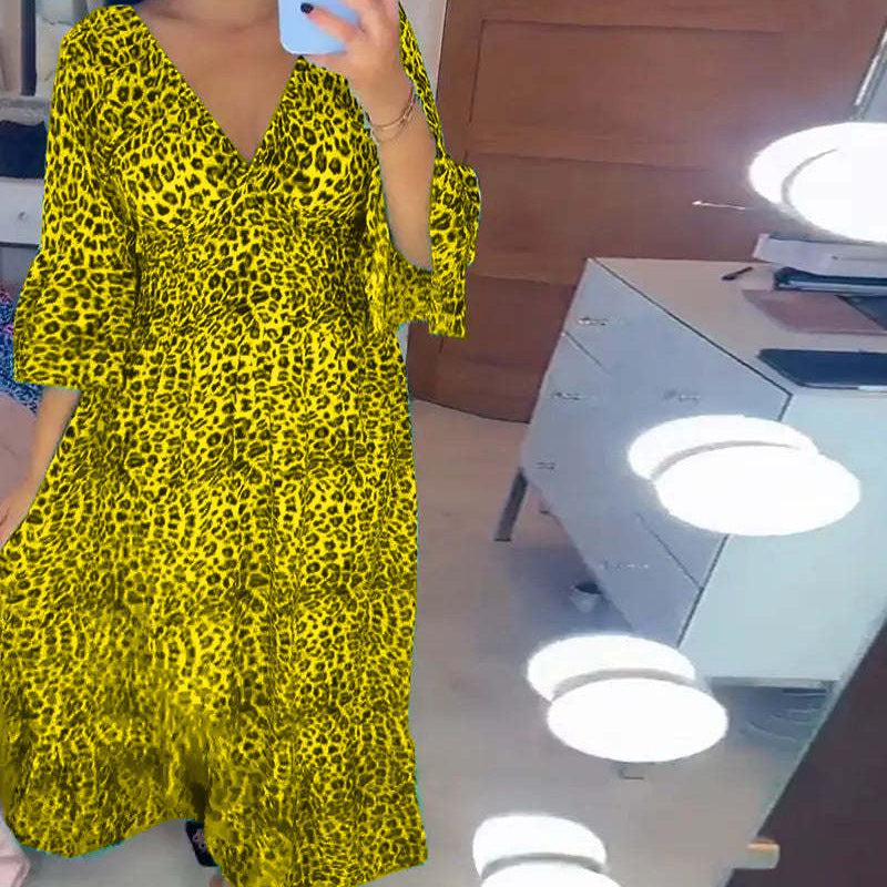 Vestido largo informal holgado estilo bohemio para mujer, elegante, de otoño, con escote en V profundo y estampado de leopardo para vacaciones en la playa