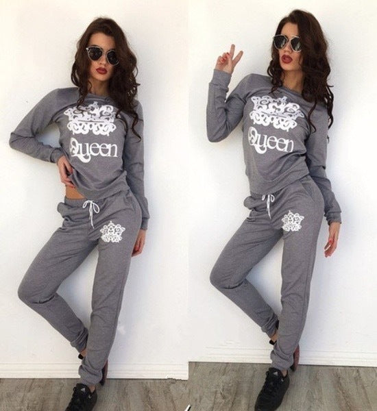 Casual Athleisure Women Slong Sleeve Queen Print Sweatshirt And Pants Set