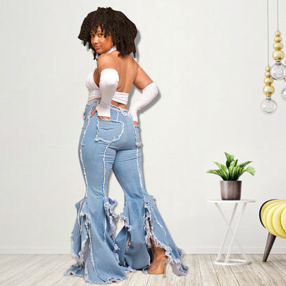 Pantalones acampanados informales con dobladillo sin rematar y rotos para mujer