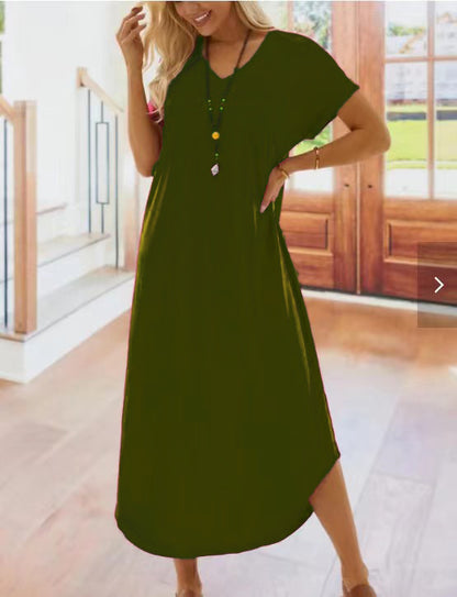 Women Casual Solid Color Short Sleeve V Neck Loose Maxi Dress