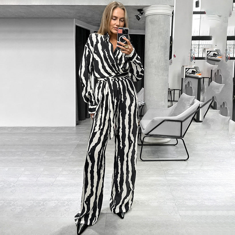 Conjunto de dos piezas de pantalón holgado con solapa y manga larga con estampado de rayas de cebra para mujer