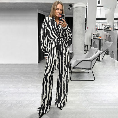 Conjunto de dos piezas de pantalón holgado con solapa y manga larga con estampado de rayas de cebra para mujer