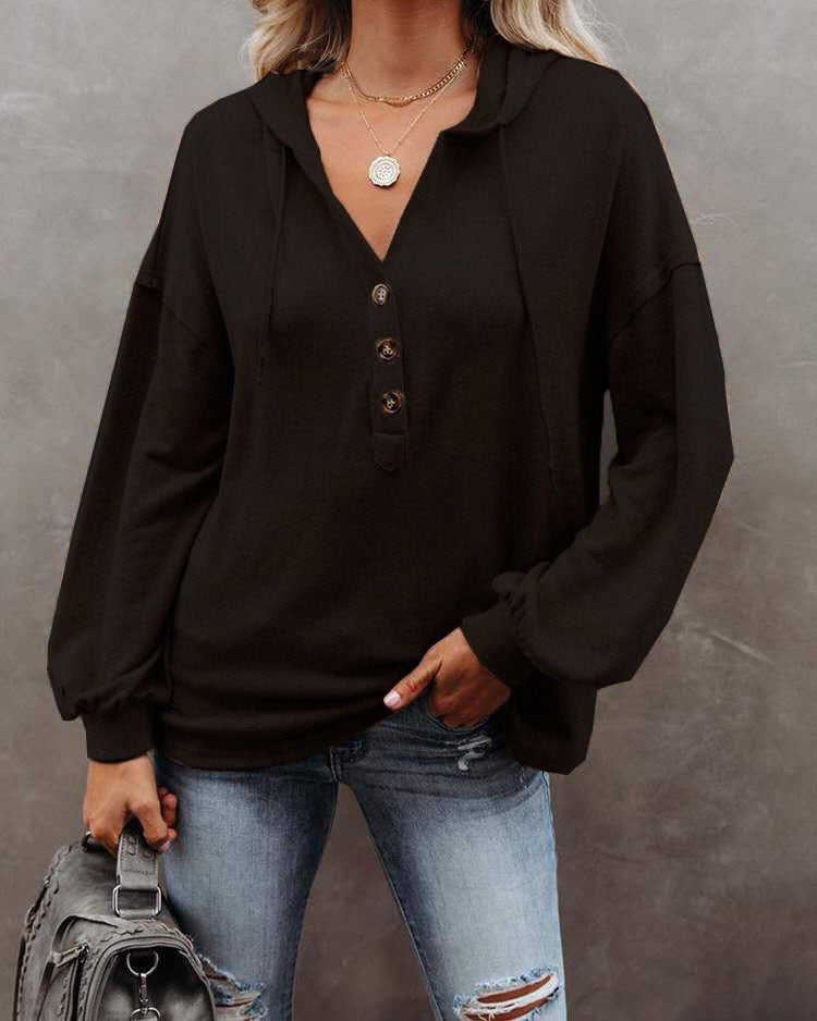 Women Casual Solid Color Long Sleeves Hooded Loose Solid Color Top