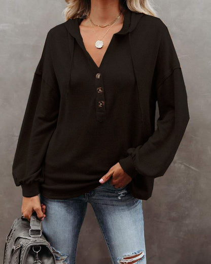 Women Casual Solid Color Long Sleeves Hooded Loose Solid Color Top