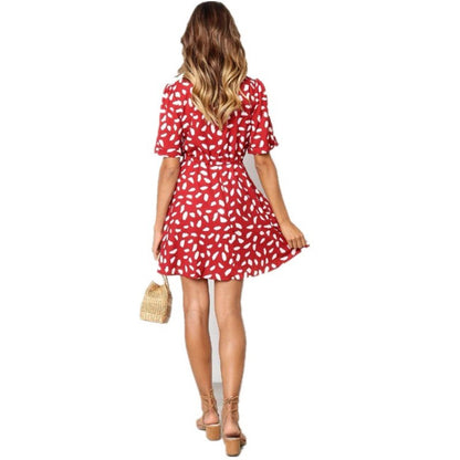 Women Casual Bohemian Elegant Summer V Neck Short Sleeves Loose Ruffled Dress