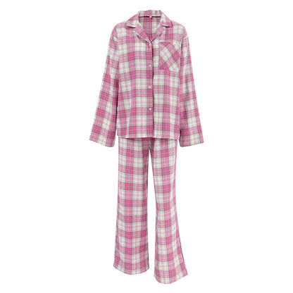 Conjunto de pijama informal de manga larga con solapa y pantalones holgados a cuadros rojos para mujer