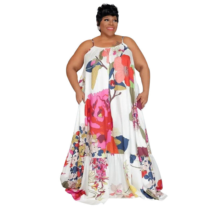 Women Plus Size Casual Loose Floral Leopard Print Spaghetti Strap Maxi Dress