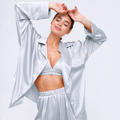 Conjunto de pijama de seda helada de manga larga de satén informal a la moda para mujer
