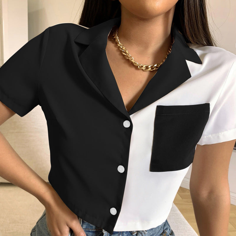 Blusa corta informal elegante de manga corta con bolsillos y bloques de color para mujer
