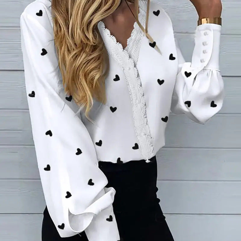 Camisa informal de encaje con cuello en V y estampado floral para mujer