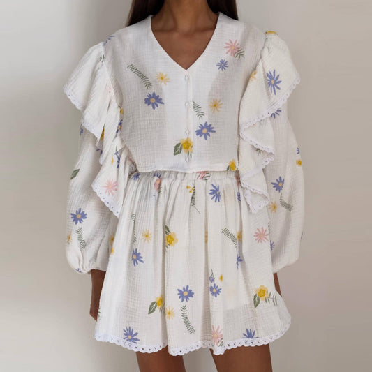 Fashion Casual Sweet Women Strawberry Heart Floral Print Long Sleeve Ruffled Blouse And Skirt Set