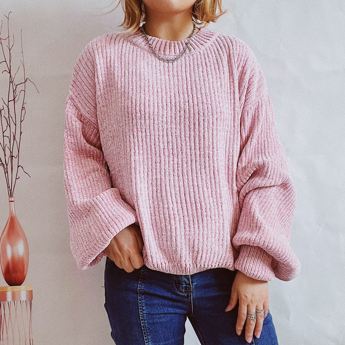 Autumn And Winter Solid Color Casual Round Neck Lantern Sleeve Short Knitted Pullover Sweater Women
