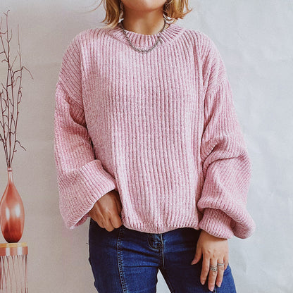 Autumn And Winter Solid Color Casual Round Neck Lantern Sleeve Short Knitted Pullover Sweater Women