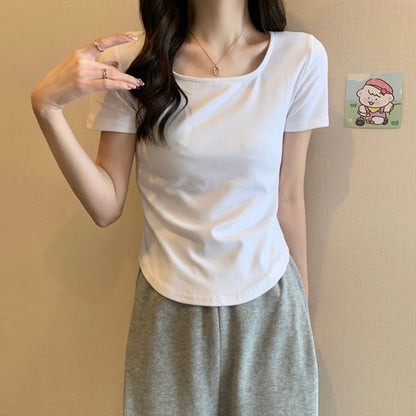 Camiseta informal de manga corta con cuello en U y color liso para mujer