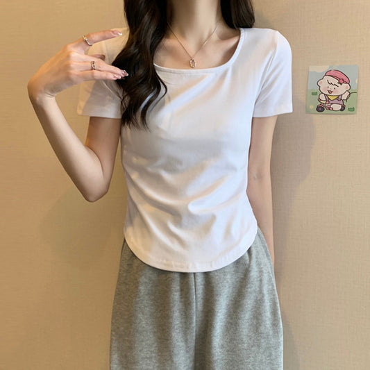 Camiseta informal de manga corta con cuello en U y color liso para mujer