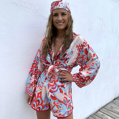 Conjunto de tres piezas de blusa y pantalones cortos de manga larga con turbante, estilo bohemio, informal y vintage para mujer