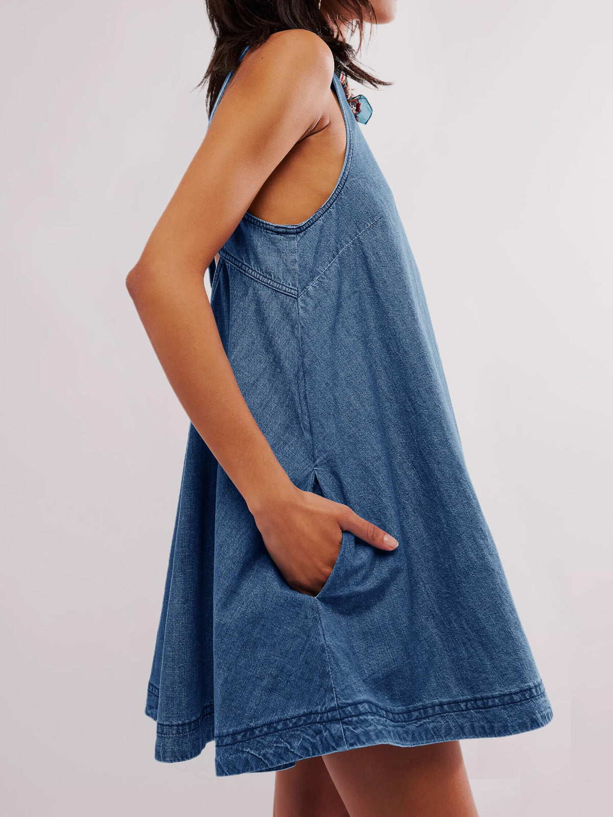 Women Fashion Casual Round-Neck Sleeveless Backless Loose Denim Dress