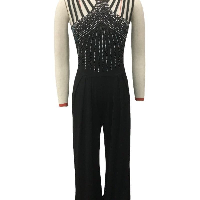 Women Casual Trousers Summer Slim Solid Color Rhinestones Decorative Jumpsuit