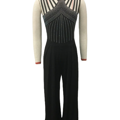 Women Casual Trousers Summer Slim Solid Color Rhinestones Decorative Jumpsuit