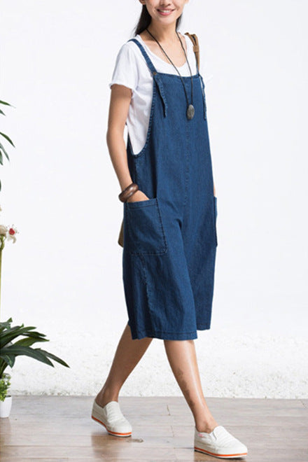 Women Fashion Casual Loose Denim Suspender Shorts