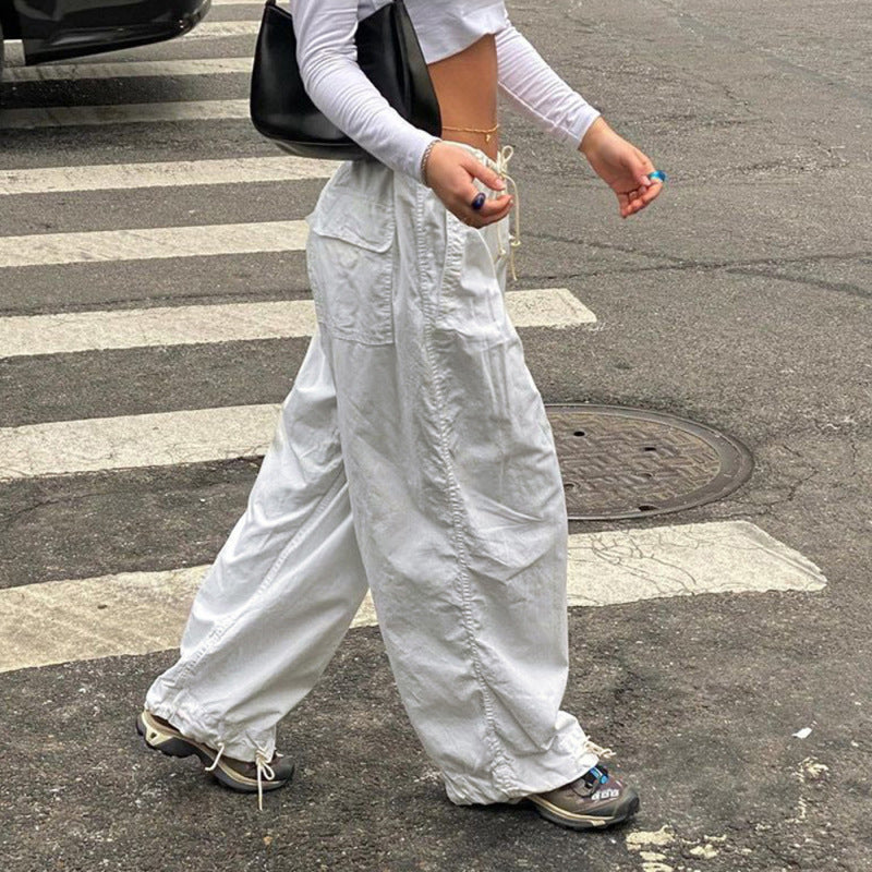 Pantalones cargo holgados de pierna ancha informales de cintura baja de color liso para mujer de moda urbana