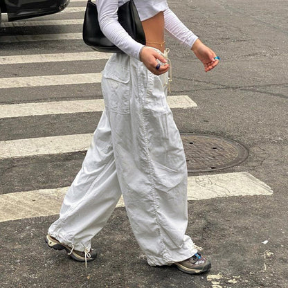 Pantalones cargo holgados de pierna ancha informales de cintura baja de color liso para mujer de moda urbana
