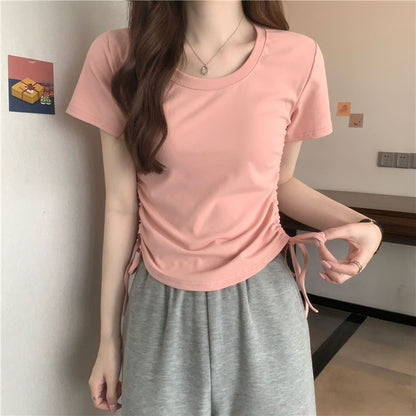 Women Casual Solid Color Drawstring Round Neck Short Sleeve Blank T-Shirt