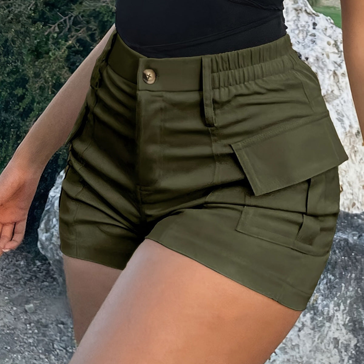 Women Fashion Casual Solid Color High Waist Button Pocket Shorts