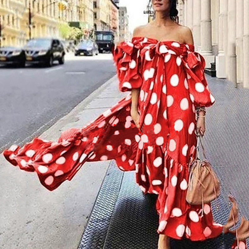Women Elegant Casual Off-the-shoulder Polka Dot Boho Ruffled Maxi Dress