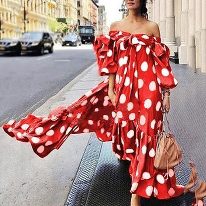 Women Elegant Casual Off-the-shoulder Polka Dot Boho Ruffled Maxi Dress