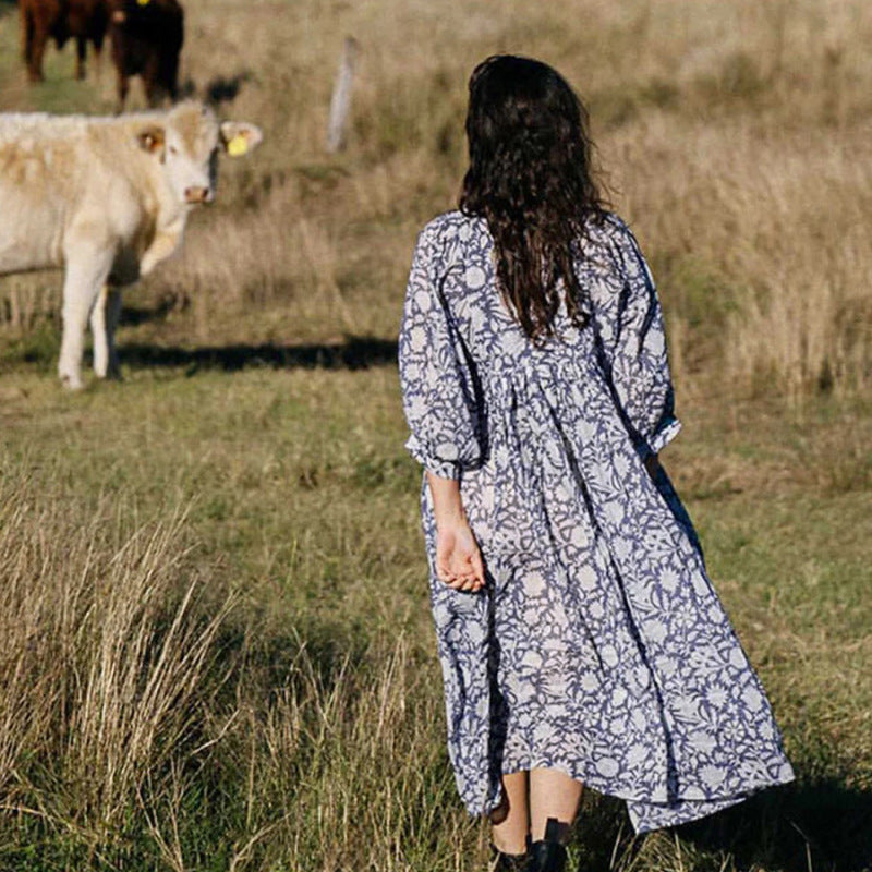 Vestido bohemio holgado informal de verano con estampado floral para mujer, manga media, cuello medio abierto