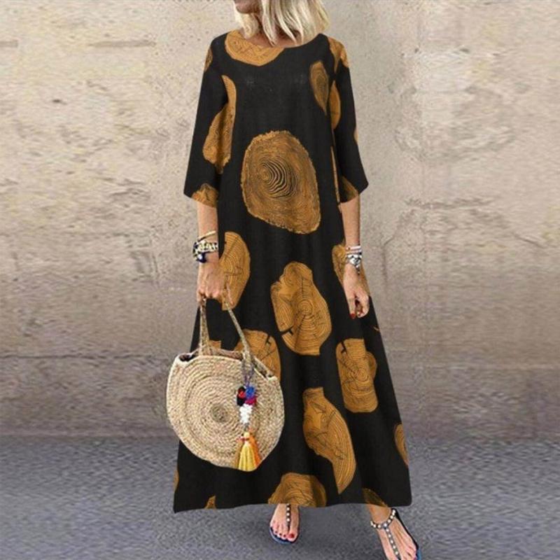Women Casual Vintage Half Sleeve Round Neck Loose Maxi Dress