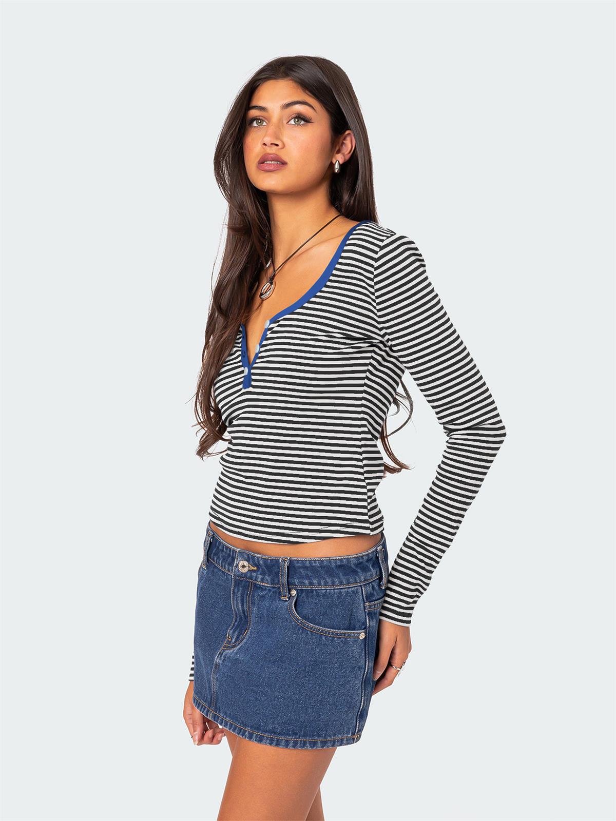 Camiseta informal de manga larga a rayas con cuello en V para mujer