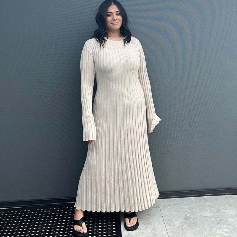 Autumn Winter Women Fashion Casual Crewneck Pit Strip Knitted Dress