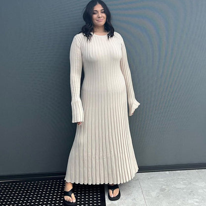 Autumn Winter Women Fashion Casual Crewneck Pit Strip Knitted Dress