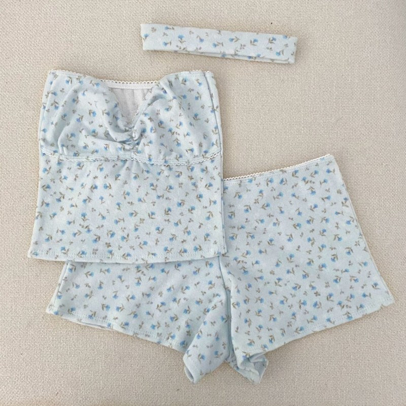 Summer Vacation Women Casual Floral Printing Stretch Tube Top Lace Shorts Set