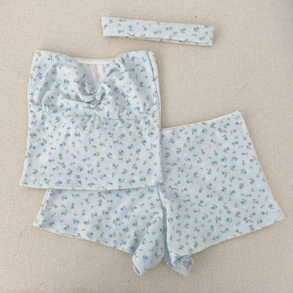 Summer Vacation Women Casual Floral Printing Stretch Tube Top Lace Shorts Set