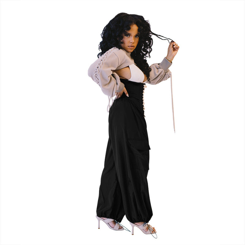Women Casual Solid Color High Waist Lace Up Loose Pocket Wide Leg Jogger Pants
