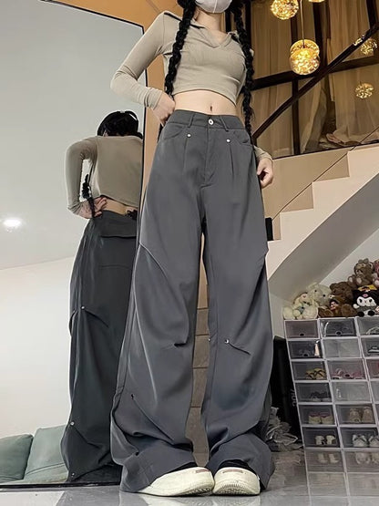 Pantalones cargo rectos informales de pierna ancha y cintura alta para mujer, moda urbana