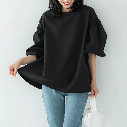 Blusa informal holgada con mangas abullonadas, cuello redondo, color liso, elegante para oficina para mujer