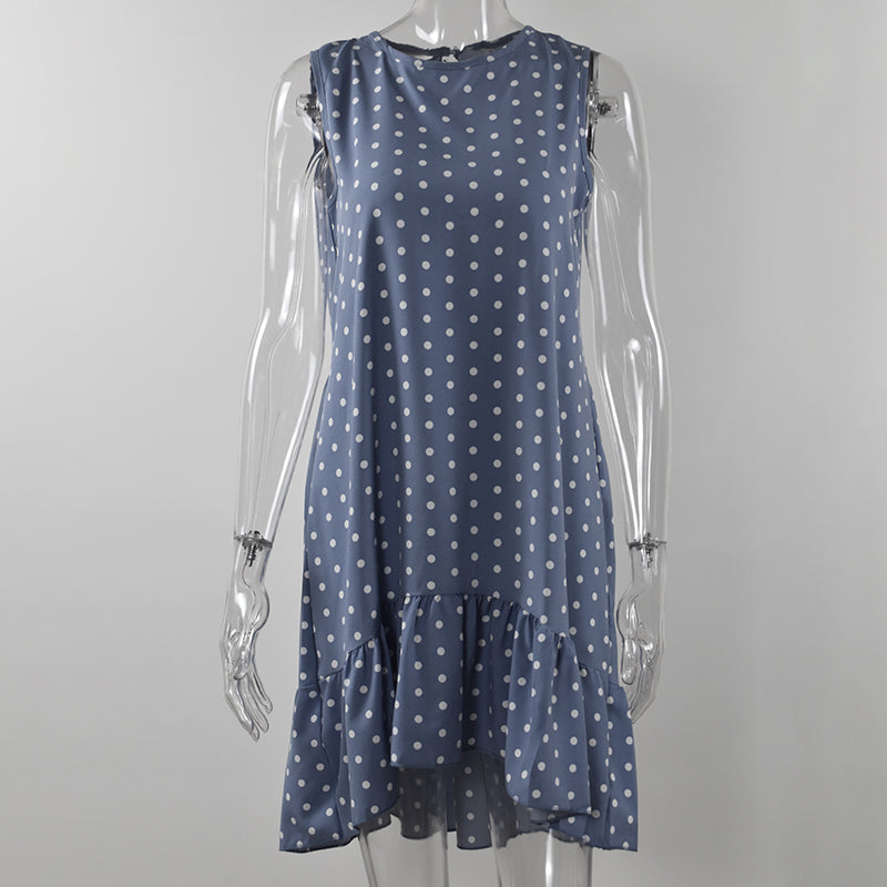 Women Bohemian Summer Polka Dot Sleeveless Ruffled Beach Mini Casual Sundress Fashion Dress