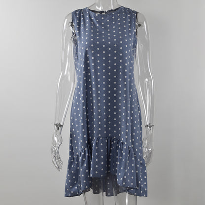 Women Bohemian Summer Polka Dot Sleeveless Ruffled Beach Mini Casual Sundress Fashion Dress