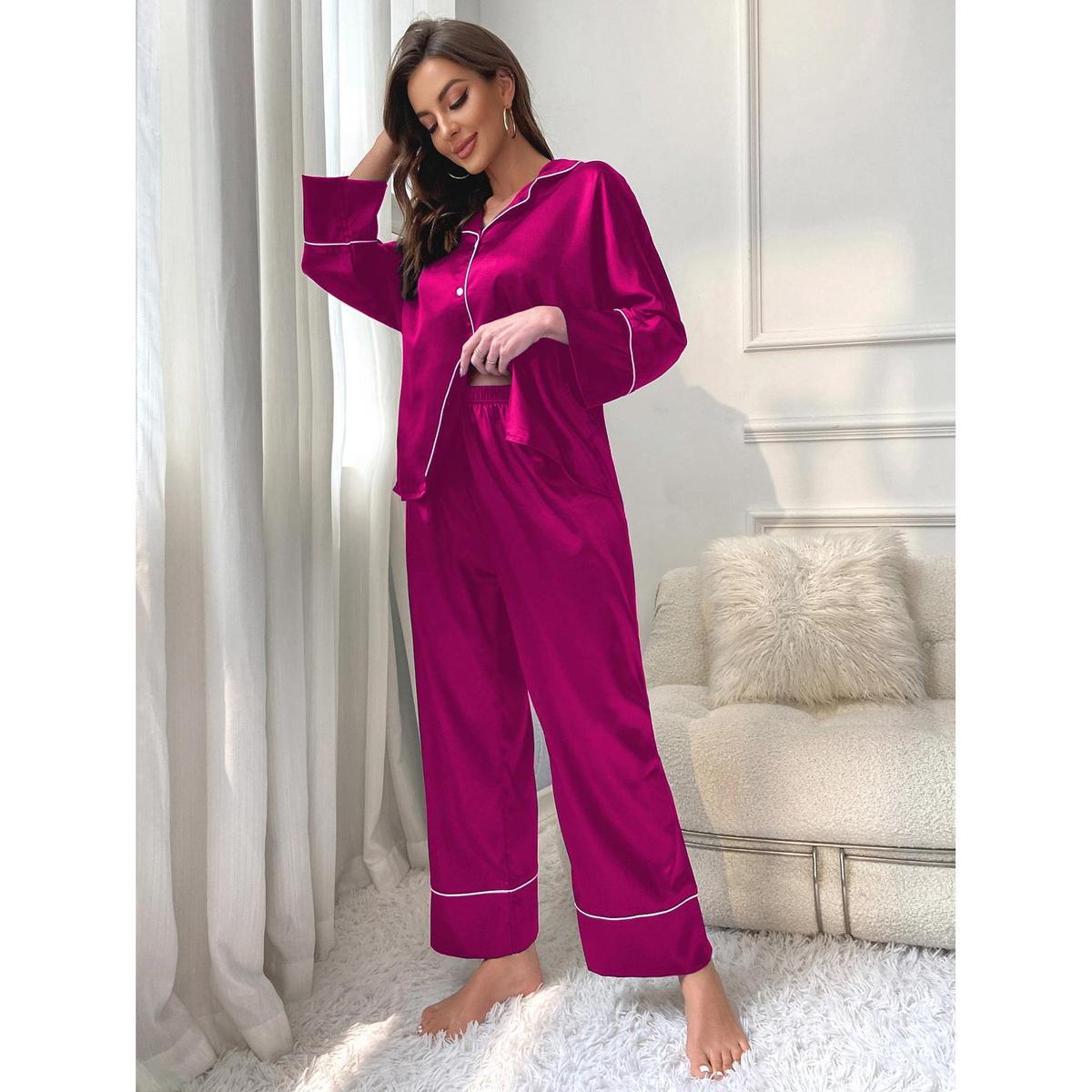 Conjunto de pijama de dos piezas para mujer, informal, con solapa, manga larga, pantalones holgados