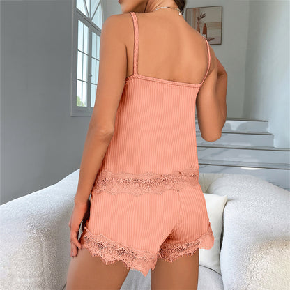 Conjunto de pijama de dos piezas para mujer, informal, de color liso, con encaje, camisola y pantalones cortos holgados