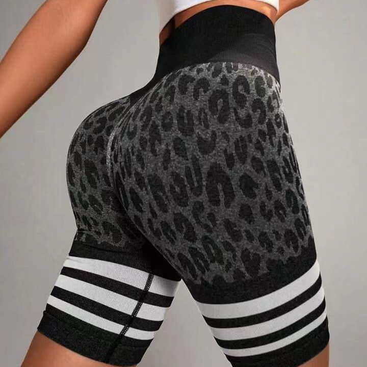 Pantalones cortos deportivos de yoga a rayas de cintura alta informales a la moda para mujer