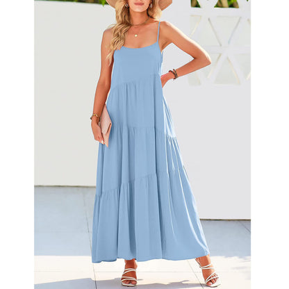 Women Fashion Casual Solid Color Sling Creased Maxi Dress